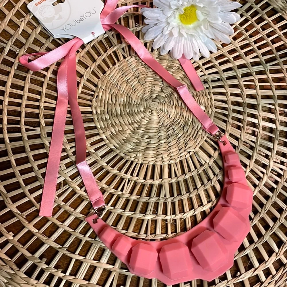 Y2K Chunky Silicone Stone Ribbon Necklace - Coral Pink - LittleMissMatched